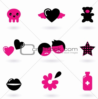 Emo design elements and icons isolated on white ( black & pink )