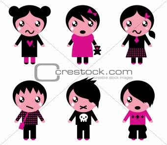 Emo kids cute collection isolated on white