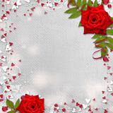 Card for congratulation or invitation with hearts and red roses 