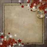 Retro Christmas background with pine, ball, stars, lights and co