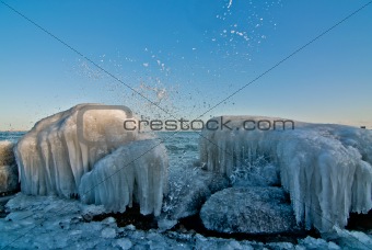 Icy Rocks by a Lake in Winter