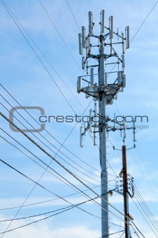 Cell  phone tower rises against a blue sky