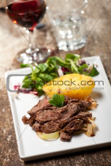 sliced sirloin steak on a plate with salad 
