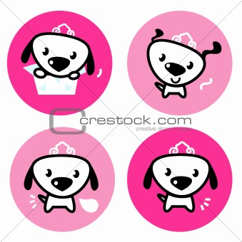 Cute female dog with crown pink icons or buttons set