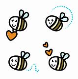 Cute bee characters with hearts isolated on white