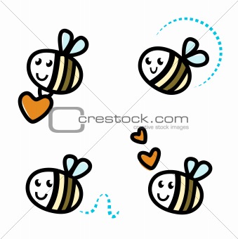 Cute bee characters with hearts isolated on white