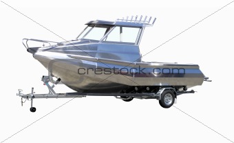  : New Stainless steel boat on a trailer. Clipping path provided
