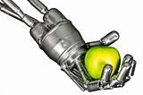 Robot hand with green apple on isolated white background