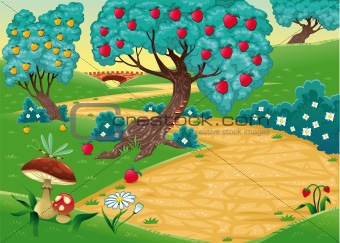 Wood with fruit trees.