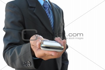 businessman hand holding mobile phone on white background