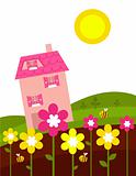 Pink house behind spring flowers