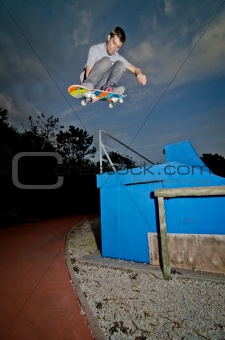 Skateboarder flying