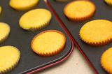 Freshly backed cupcakes on a backing tray. Shallow depth of field