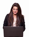 Beautiful young business woman with a laptop, smiling