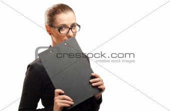 Business woman with clipboard isolated on white