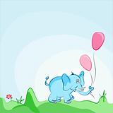 Cheerful blue elephant with pink balloons vector card