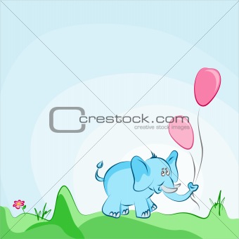 Cheerful blue elephant with pink balloons vector card