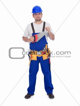 Construction worker with handsaw and other tools