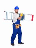 Handyman or worker carrying metallic ladder