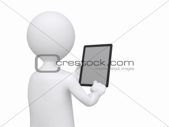 3D Businessman holding blank tablet pc. Advertising concept 