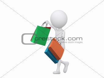 3d shopping person holding bags - isolated over a white backgrou