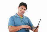 Happy young man with laptop - isolated on white