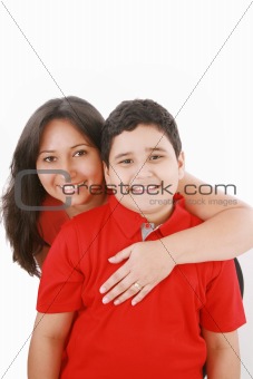 mother embarce her son on white background 