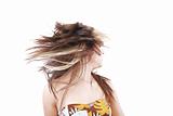 Woman with hair billowing on white background