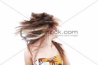 Woman with hair billowing on white background