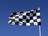 A checkered flag blowing in the wind at the end of a motor race.