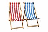 Two colorful deckchairs, isolated on a white background.