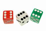 Three sixes, dice isolated on a white background.