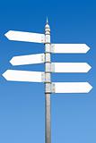 Multidirectional six way signpost with blank spaces for text.
