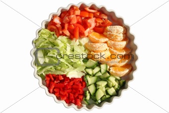 Dish of tomatoes, lettuce, cucumber, red pepper and orange slices.