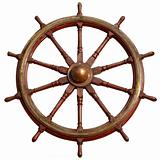 Large wooden ship wheel, isolated on white.