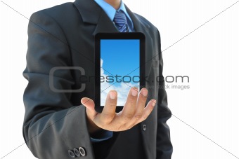 businessman hand holding touch pad PC on white background