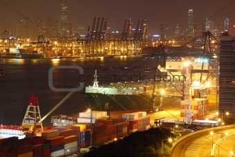 container terminal at night in city