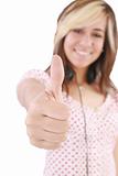Isolated portrait of beautiful young success woman giving thumbs