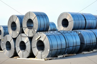rolls of steel sheet in harbor