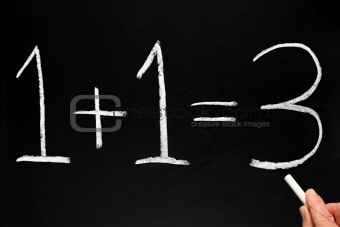 Writing 1+1=3 on a blackboard.