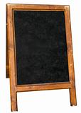 Empty menu board stand sign isolated over white.