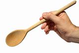 Holding an old wooden spoon with a white background.