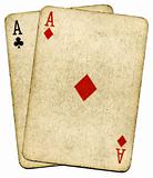 Old vintage dirty aces cards, isolated over white.