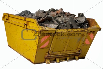 A skip full of rubble isolated over white.
