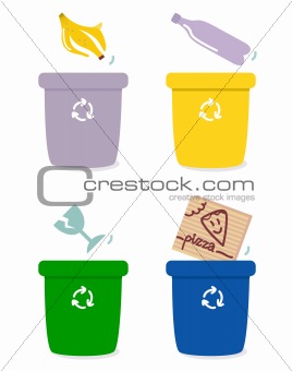 Garbage separation boxes by colors isolated on white