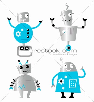 Cute retro robots set isolated on white ( blue and metal )