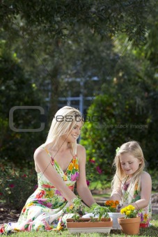 Woman and Girl, Mother & Daughter, Gardening Planting Flowers