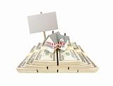 Small House on Stacks of Hundred Dollar Bills and Blank Sign Isolated on a White Background.