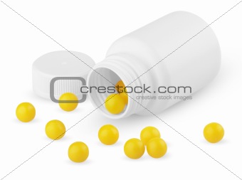 Open plastic bottle with yellow vitamins