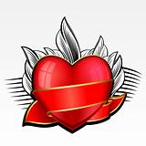 Valentine day heart with red ribbon and leaves on background